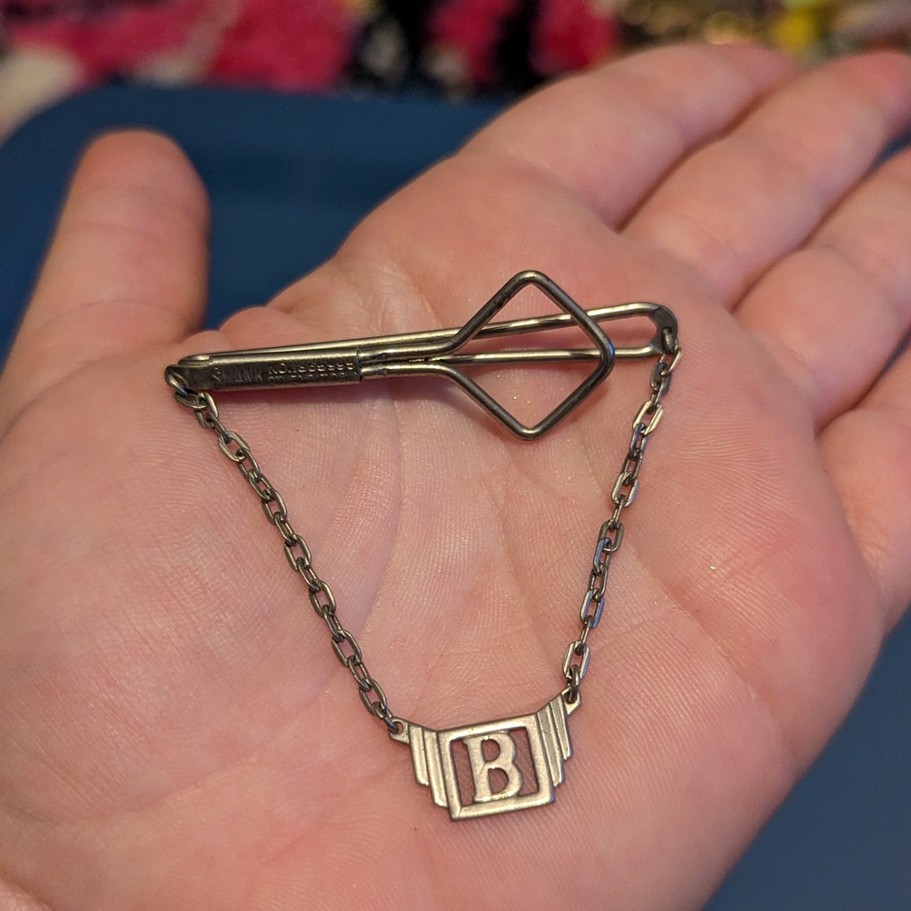 Silver Tie Bar with Chain and B Initial